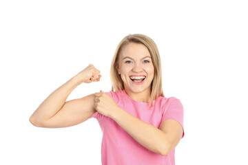 Fototapeta na wymiar Young woman showing biceps, isolated on white background