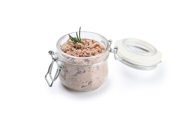 Glass jar with pate isolated on white background