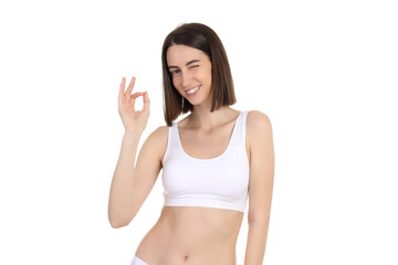 Concept of weight loss with slim girl, isolated on white background