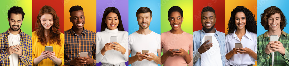 Aufkleber internet addiction concept. collage with multiethnic people using cellphones on colorful backgrounds