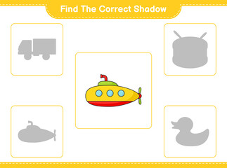 Find the correct shadow. Find and match the correct shadow of Submarine. Educational children game, printable worksheet, vector illustration
