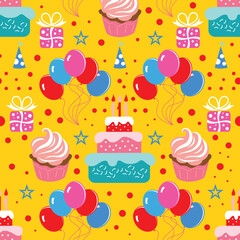 Happy Birthday. Seamless pattern for the celebration, wedding, congratulations and anniversary. Vector image. Isolated objects on a yellow background.