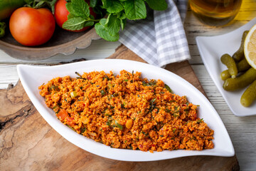 Traditional delicious Turkish foods appetizer: bulgur salad (kisir)