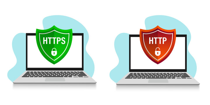 http and https protocols on shield on laptop, on white background. Vector illustration