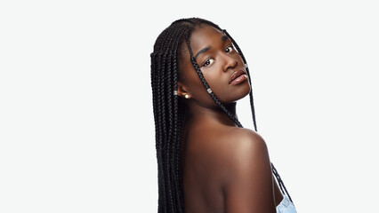 Beautiful black woman . Beauty portrait of african american woman with clean healthy skin on beige...