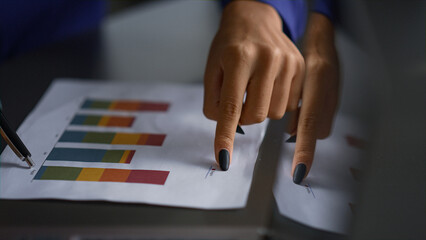 Executive woman hands analyze diagram show finance chart information in office.