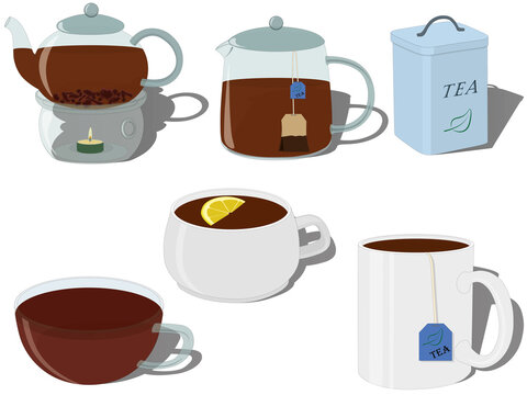 Teapots, tea container and cups of tea collection vector illustration
