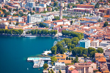 Como Lake. Town of Lecco waterfront view fron above - obrazy, fototapety, plakaty