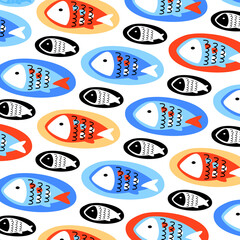 Obraz na płótnie Canvas Fish pattern. Multi-colored graphic fish on multi-colored ovals, on a white background. Stylized underwater world. 
