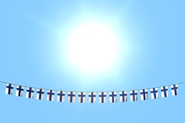 pretty any occasion flag 3d illustration. - many Finland flags or banners hanging on rope on blue sky background