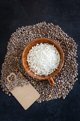 Rice and lentils on a dark background. Complete protein sources. Complete vegan protein. Healthy food