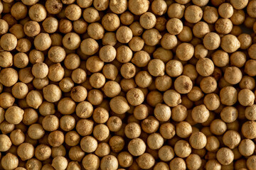 White pepper whole peas close-up as a background. Spices of Cambodia. Seasoning for dishes. Additive ingredient for the preparation of delicious delicacies.