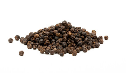 Black whole peppercorns peas close-up as a background. Spices of Cambodia. Seasoning for dishes....