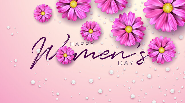 8 March. Happy Women's Day Floral Illustration. International Womens Day Vector Design with Spring Flower and Typography Letter on Light Pink Background. Woman or Mother Day Theme Template for Flyer
