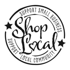 Shop local, buy local. Shop small business concept. Support local community. Hand drawn doodle badge, icon. Flat vector illustrations on white background. - obrazy, fototapety, plakaty