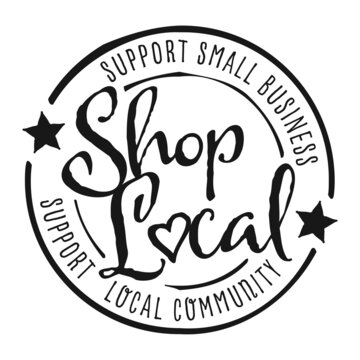 Shop local, buy local. Shop small business concept. Support local community. Hand drawn doodle badge, icon. Flat vector illustrations on white background.