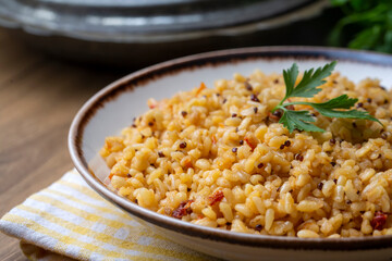Bulgur pilaf with quinoa, food concept photo. Turkish name; kinoali bulgur pilavi