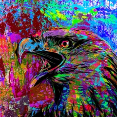 Poster Colorful artistic eagle muzzle with bright paint splatters on dark background © reznik_val