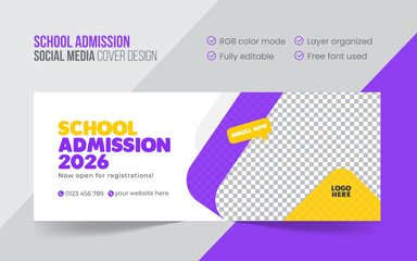 School admission social media timeline cover design, Colorful web banner design for education, Promotional school admission cover design template