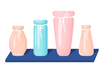 Set of modern flower vases on a shelf. Vector illustration. Cartoon style. Interior Design