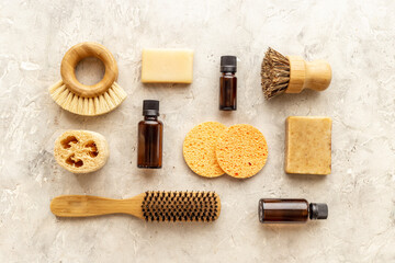 Fototapeta na wymiar Flatlay of massage and spa products and accessories, top view