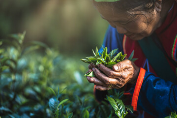 Close up hands picking tea leaves on the mountain. plantation tea farm...