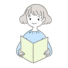 本を読む笑顔の女性のシンプルでキュートなタッチのイラスト