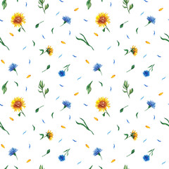 Seamless pattern with watercolor sunflowers and cornflowers in loose style. For your design postcads, posters and banners.