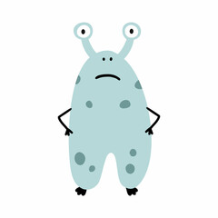 Cute sad monster. Baby doodle illustration. Vector character on white background. Postcard decor element.