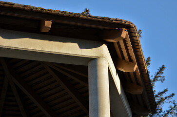 hexagonal gazebo for antique-style spa bands on a pedestal of a circular staircase. modern...