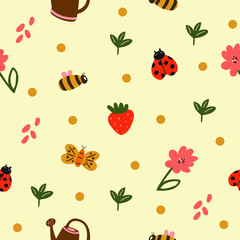 Seamless pattern of spring elements. Cute hand drawn flat illustration.