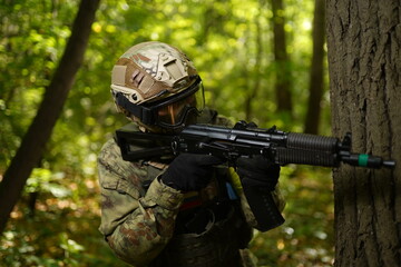 soldier with guns, airsoft russia, russian soldier in the woods with guns