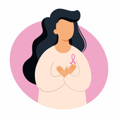 Woman holds hands on chest. Breast Cancer Awareness Day. Health problems. Vector illustration on topic of medicine. Symptom of disease.