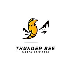 lightning with bee logo inspiration, thunder bee logo design, bee fly vector, yellow insect, honey bee logo