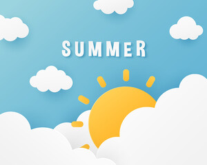 Summer banner background. Fluffy clouds and sun on blue sky background. Paper cut style. Vector illustration. 