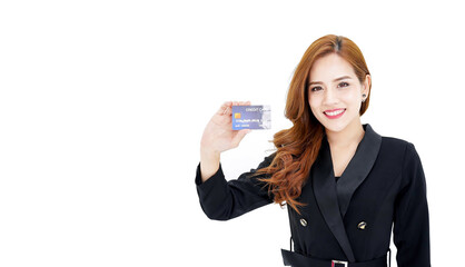 business asian woman wearing black suit smile feeling happy holding a credit card, payment credit card for confident lifestyle concept.