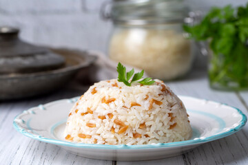 Traditional delicious Turkish food; Turkish style rice pilaf (Turkish name; Arpa sehriyeli pirinc pilavi)
