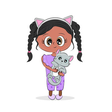 Little girl and cat friends Happy girl in pajamas holding a cat, Cute baby, print on textiles, on a t-shirt, on packaging, decoration of a children's room