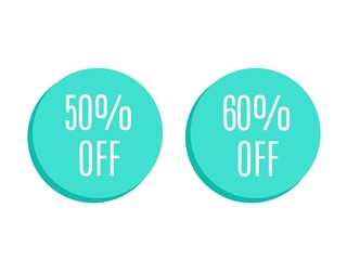 50% off and 60% off in turquoise sticker. Discount tag.