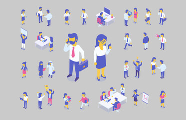 Cartoon Business People Characters in Coworking Place. Businessman and Businesswoman Working, Discussing and Meeting in Open Space Office. Flat Isometric Vector Illustration.