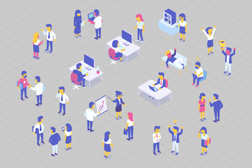 Cartoon Business People Characters in Coworking Place. Businessman and Businesswoman Working, Discussing and Meeting in Open Space Office. Flat Isometric Vector Illustration.