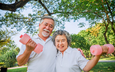 Happy asian elderly couple exercise health care in park, People lifestyle concept.