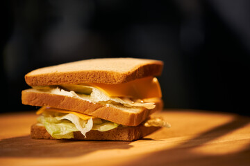 Front view of vegan sandwich with salad and cheese on cutting board. Close-up view of tasty sandwich toast with lettuce, isolated on black background with copy space. Concept of food.