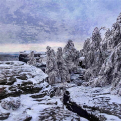 Trendy beautiful travel landscape, bright colors of power of nature. Touristic famous location. Oil painted wall art print in large size, creative drawing design. Contemporary pictorial artwork