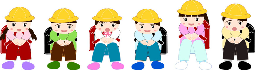 みんなで座る小学生