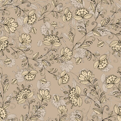 Illustration with bouquet decorative flowers and her leaves. Floral seamless pattern. Background is beige color. 