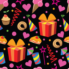 Happy Valentine's Day and Happy Birthday. Seamless pattern for the holiday, celebration. Vector image with holiday gifts and pink hearts.
