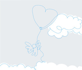 Continuous one line drawing of romantic creative composition. Happy Valentine's Day. Festive decorative objects, heart shaped balloons and cute cupid as symbol Valentine's Day. Outline minimal concept