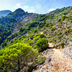 Fototapeta premium Trendy beautiful travel landscape, bright colors of power of nature. Touristic famous location. Oil painted wall art print in large size, creative drawing design. Contemporary pictorial artwork