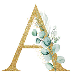 Golden letter A decorated with green Watercolor eucalyptus branches and leaves isolated © katrinshine